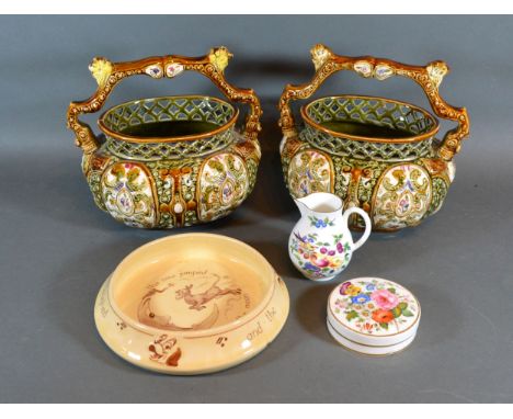 A Pair of Majolica Style Baskets together with a Royal Worcester Jug and two other items 