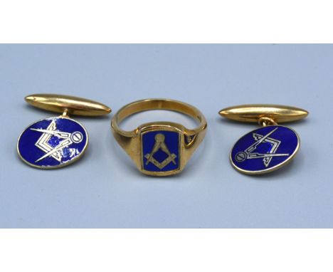 A 9ct. Gold and Blue Enamel Signet Ring with Masonic Compass and Square together with a pair of matching 9ct. gold cufflinks 