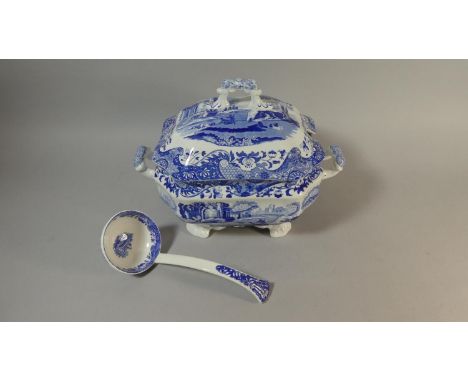 A Spode Blue and White Lidded Tureen and Ladle, 36cm Wide 