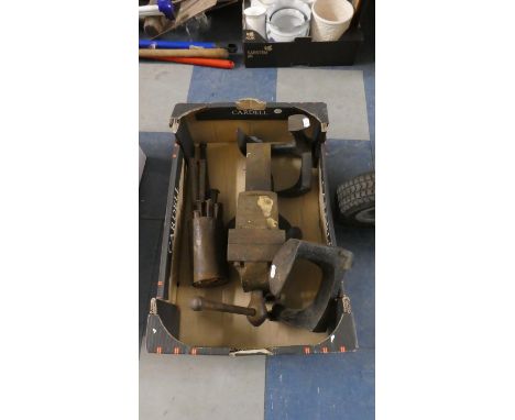 A Box Containing Metal Chisels, Work Bench Vice, Shoe Lasts etc 