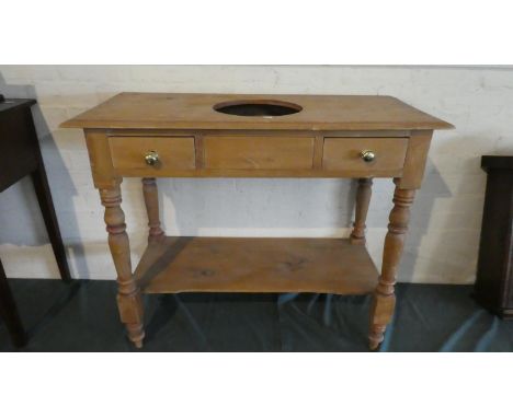 A Pine Wash Stand Table with Two Drawers Having Brass Handles, Centre Cut Out for Wash Basin and Stretcher Shelf Under, 92cm 