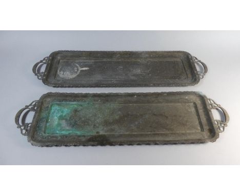 A Pair of Two Handled Brass Trays with Intricate Niello Enamel Decoration, Each 70cm Long 