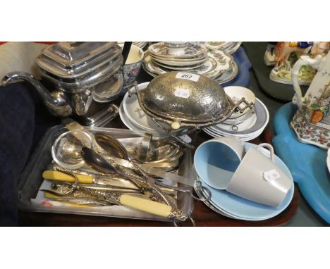 A Tray of Sundries to Include Silver Plated Coffee Pot, Oval Kidney Dish, Cutlery, Poole, Royal Worcester and Susie Cooper Ce