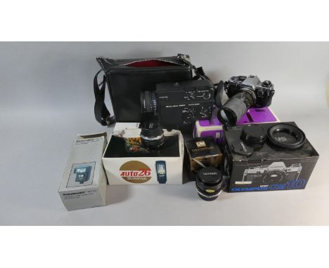 A Collection of Photographic Cameras and Sundries to Include Olympus 35mm Camera, Various Lenses, Movie Camera Flash Gun Etc 
