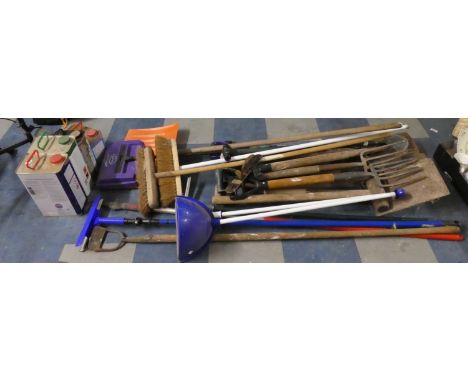A Collection of Garden Tools Together with Wood Treatment Fluid 