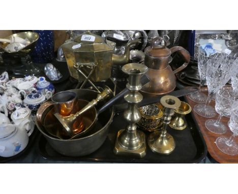 A Tray of Copper and Brass Ware to Include Spirit Kettle, Brass Saucepan, Copper Tankard and Water Jug, Brass Candle Stick et