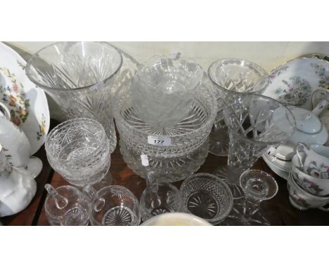 A Tray of Cut and Moulded Glassware to Include Bowls, Vases, Jugs, Candle Stick 