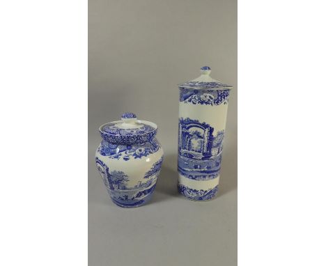 A Spode Blue and White Italian Lidded Vase and Cylindrical Vase 