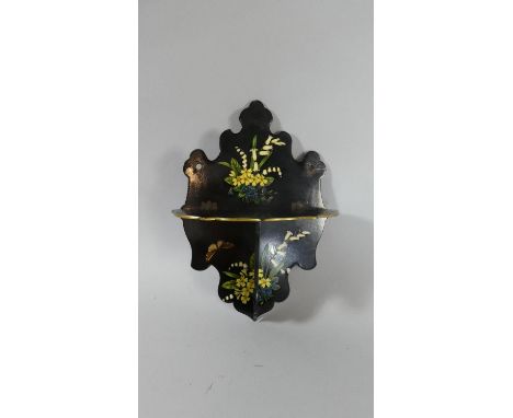 A Folding Black Lacquer Wall Mounting Shelf with Hand Painted Floral Decoration, 27cm High 