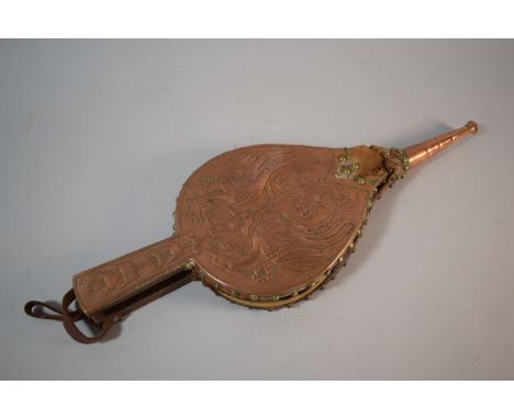 A Keswick School Pair of Copper Mounted Bellows Decorated in Relief with Pair of Mythical Birds, Stamped K S I A, (AF) 45cm L