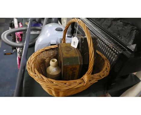 A Vintage Wicker Shopping Basket, Vintage Tins and Bottles 