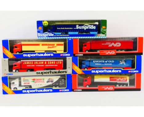 Corgi - Seven boxed diecast 1:64 scale model trucks from Corgi. Lot includes Corgi 'Superhaulers' #59509 Scania Curtainside '