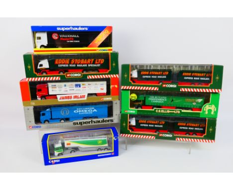 Corgi - Eight boxed diecast 1:64 scale model trucks from Corgi. Lot includes Corgi #59559 ERF Curtainside 'CS Eliis'; CC87003