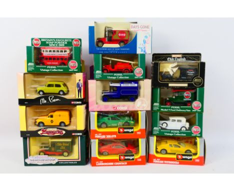 Corgi - Burago - Lledo - Thirteen boxed diecast vehicles in varying scales. Includes 61211 Mr Bean's Mini, 61206 Cadbury's va