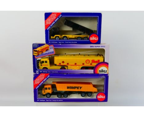 Siku - Three boxed diecast 1:55 scale model vehicles from Siku including # 2616 Tipper Lorry; #3511 Mercedes Tanker 'Shell'; 