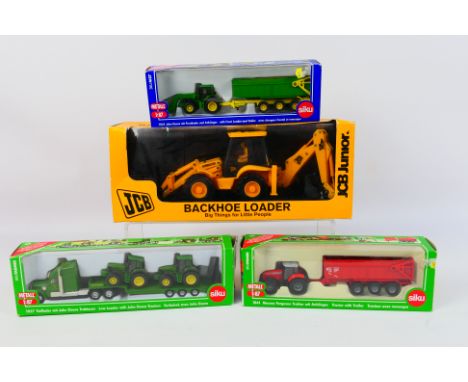 Siku - Three boxed 1:87 scale diecast model vehicles from Siku together with a JCB Junior plastic Backhoe Loader. Lot consist