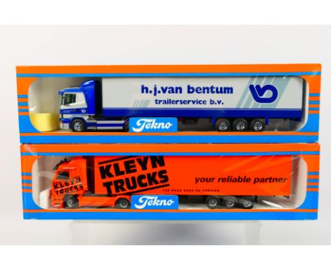 Tekno - Two boxed Tekno diecast Scania model trucks. Lot consists of Tekno Scania 113M 380 'Kleyn Trucks' - missing mirrors; 