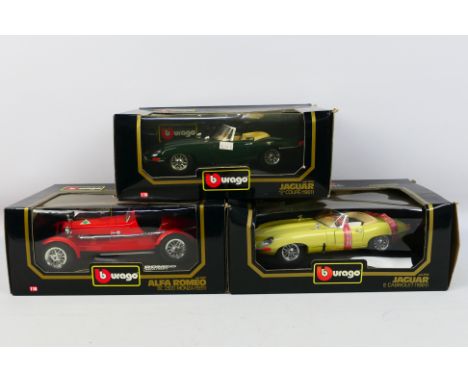Bburago - Three boxed 1:18 scale diecast model cars from Bburago. Lot consists of #3018 1961 Jaguar E-Type Cabriolet (green);