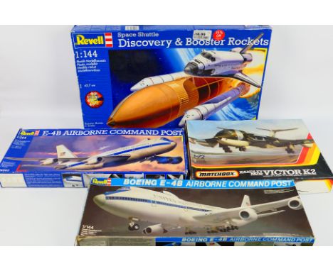 Revell - Matchbox - Four Model kits to include A sealed 1:144 04736 Space Shuttle Discovery & Booster Rockets; factory tape i