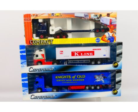 Joal - Cararama - Three boxed diecast 1:50 scale model trucks. Lot consists of Joal #332 Volvo FH16 Globetrotter XL 'Pickford