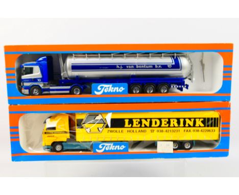 Tekno - Two boxed Tekno diecast model trucks. Lot consists of Tekno Scania 113M 380 'Lenderink'; together with Scania 124L 36
