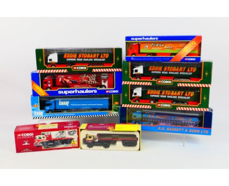 Corgi - Eight boxed diecast, predominately 1:64 scale model trucks from Corgi. Lot includes Corgi #59539 ERF Curtainside 'RG 