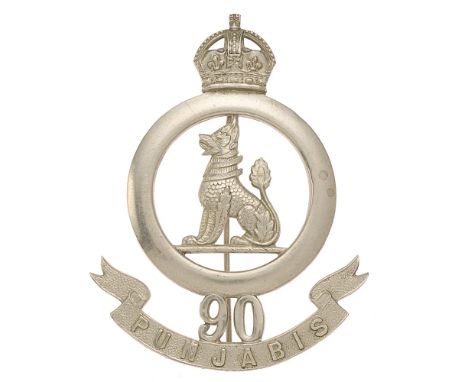 90th Punjabis Indian Army pagri badge c. 1903-22.  Good scarce large British made die-stamped white metal crowned quoit resti