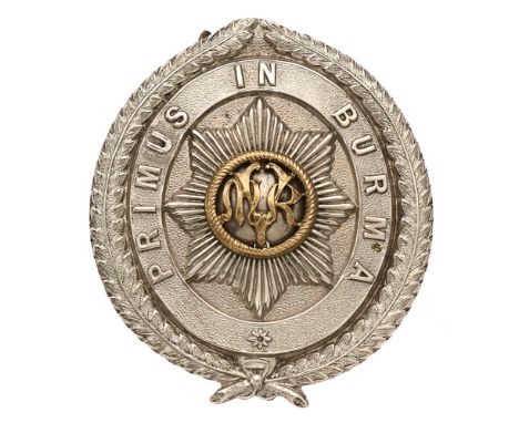Moulmein Volunteer Rifles, Victorian Indian Army Officer's helmet badge c.1900. Good scarce British made die-stamped lightly 