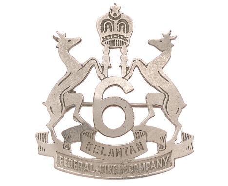 6th Federal Jungle Company Malay head-dress badge c. 1951.  Good rare die-pressed white metal partial Kelantan Arms with cent