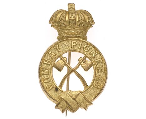 Bombay Pioneers Victorian Indian Army pagri badge c. 1888-1901.  Good scarce British made die-stamped brass Guelphic crowned 