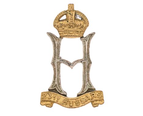 23rd Hussars war raised cavalry WW2 Officer's cap badge c. 1940-46. Good scarce gilt crowned silvered letter H resting on a g