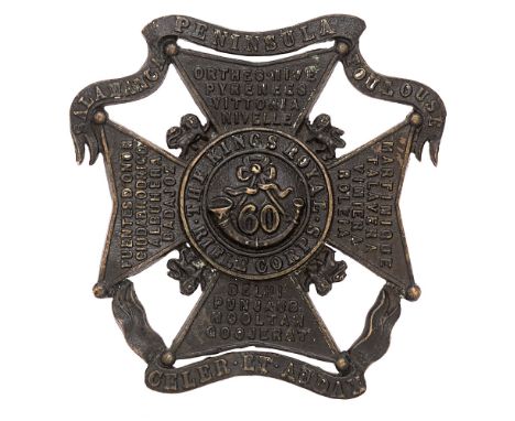 60th King's Royal Rifle Corps glengarry badge c. 1874-81.  Good scarce die-stamped blackened brass Maltese cross bearing hono