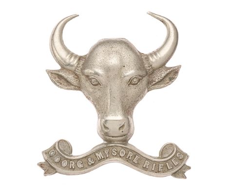 Coorg and Mysore Rifles Indian Army helmet badge c. 1884-1917.  Good scarce British made die-stamped white metal large horned