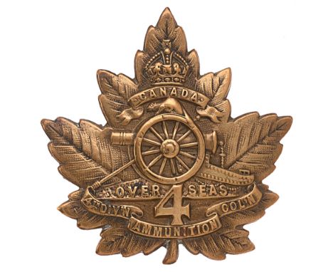 4th Divisional Ammunition Column Artillery CEF Canadian cap badge by Birks 1916. Good scarce die-stamped brass maple leaf iss