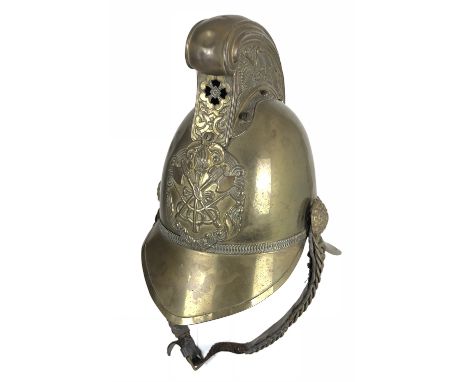 Victorian / Edwardian  Merryweather Pattern Brass Fire Brigade Helmet  This example with a high comb embossed with dragons to