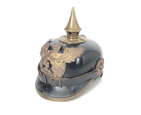 WW1 Imperial German Baden State Pickelhaube A good example polished black leather skull, with brass metal fittings, complete 