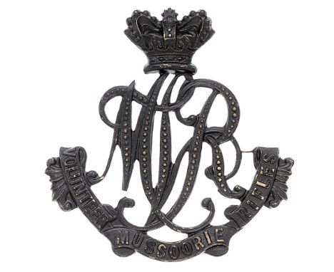 Mussoorie Volunteer Rifles Victorian Indian Army helmet plate badge.  Good scarce British made die-stamped blackened brass cr