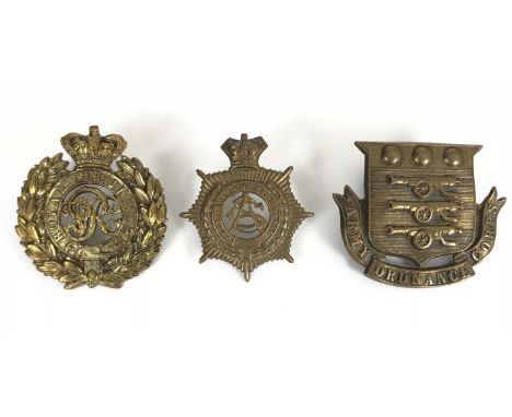 3 Victorian Corps cap badges.  Good scarce die-stamped brass Royal Engineers, Army Service Corps and Army Ordnance Corps exam