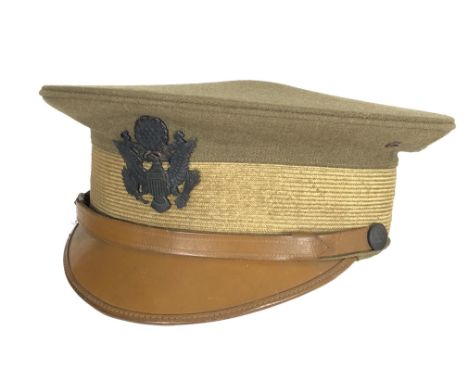 WW1 Pattern American Army Officer's Cap.  A good example of light brown material, tailored with light brown leather peak and 