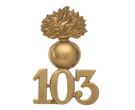 103rd Royal Bombay Fusiliers Victorian glengarry badge c. 1874-81. Good rare die-stamped brass flaming grenade over 103. Bras