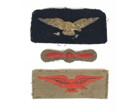 3 WW1 British Aviation Badges.  RNAS bullion embroidered sleeve eagle (moth damage) ... 1918 RAF red embroidered AM1 rank bad