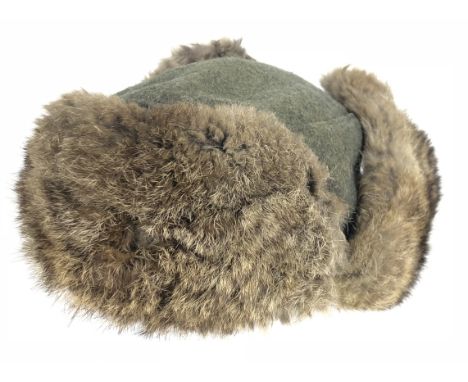 German Third Reich German Army 1943 WW2 Eastern Front fur hat.  Good scarce field grey woollen example having rabbit fur cove