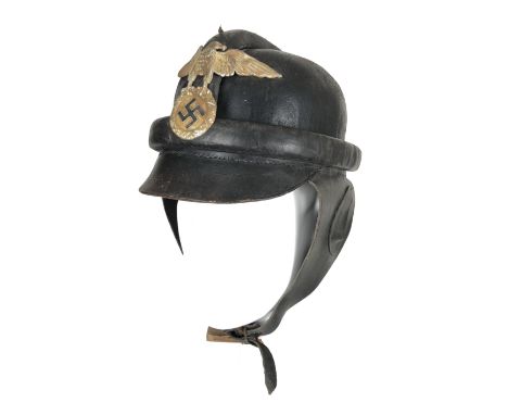 German Third Reich. NSKK leather motorcycle helmet.  Good scarce black leather skull with protective comb running from front 