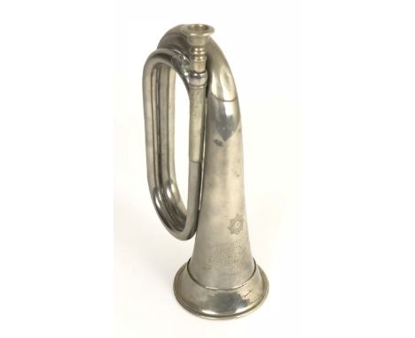 1934 Cheshire Regiment HMS Resource Malta Presentation Bugle.  This silvered bugle by Potter is engraved with the Regimental 