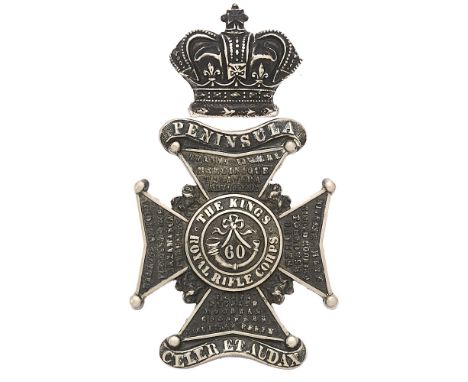 60th King's Royal Rifle Corps Victorian pre 1881 Officer's head-dress badge. Good die-stamped blackened burnished white metal