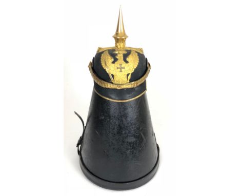 Prussian Dragoon Reserve Officer's WW1 Pickelhaube in case.  Fine rare example with gilt edged squared peak, spike with perlr