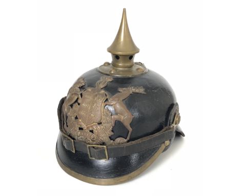 WW1 Imperial German Wurttemberg State  Pickelhaube  A  good example polished black leather skull, with brass metal fittings, 
