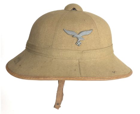 German Third Reich WW2 Luftwaffe Afrika Korps issue sun helmet.  Good clean example of light sand coloured material with leat