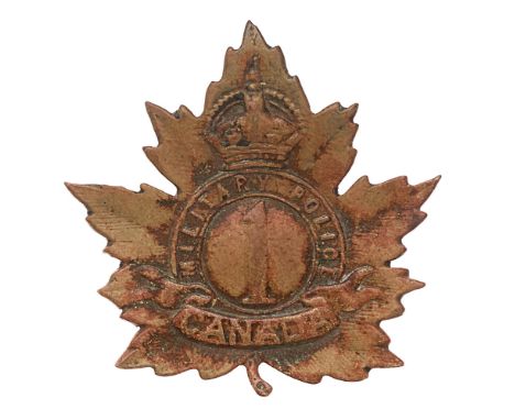 1st Canadian Military Police Detachment WW1 1917 cap badge Good scarce die-stamped bronze Maple leaf pattern. Loops. Heavily 