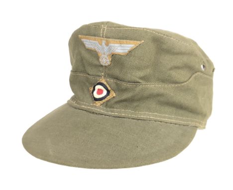 German Third Reich Afrika Korps M41 WW2 peaked Field Cap.  Good rare light olive ribbed cotton twill example bearing BeVo emb